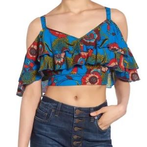 Band of Gypsies Blue Floral Off-Shoulder Ruffle Crop Top